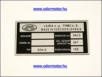 Jawa 350  6v tipustábla /634-5/ motor alkatrész