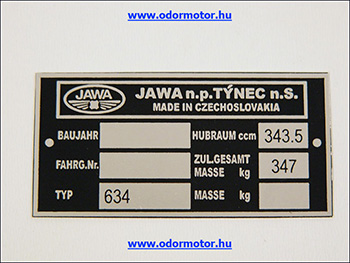Jawa 350  6v tipustábla 634 motor alkatrész
